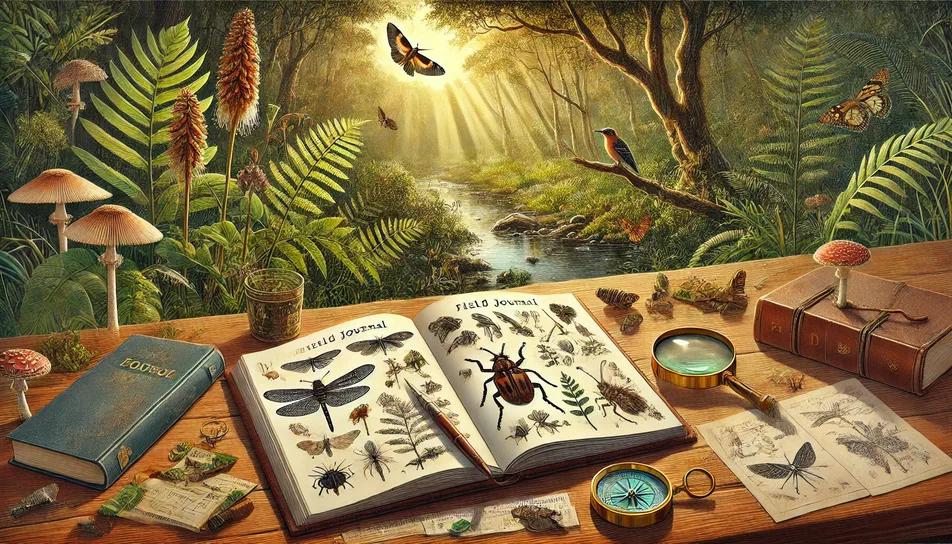 Table en bois avec journal illustré par des insectes, loupe et boussole devant une forêt lumineuse et un ruisseau.