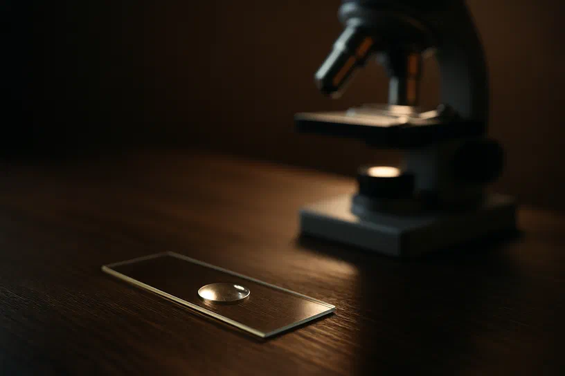 Les milieux de montage Une lame de microscope avec une gouttelette repose sur un bureau en bois sombre, devant un microscope flou.