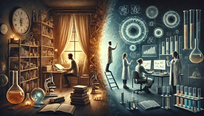 Une image symbolisant la relation entre scientifiques amateurs et professionnels : à gauche un scientifique amateur dans son bureau chaleureux entouré de livres et d'un microscope, à droite des chercheurs en blouse dans un laboratoire moderne analysant des données.