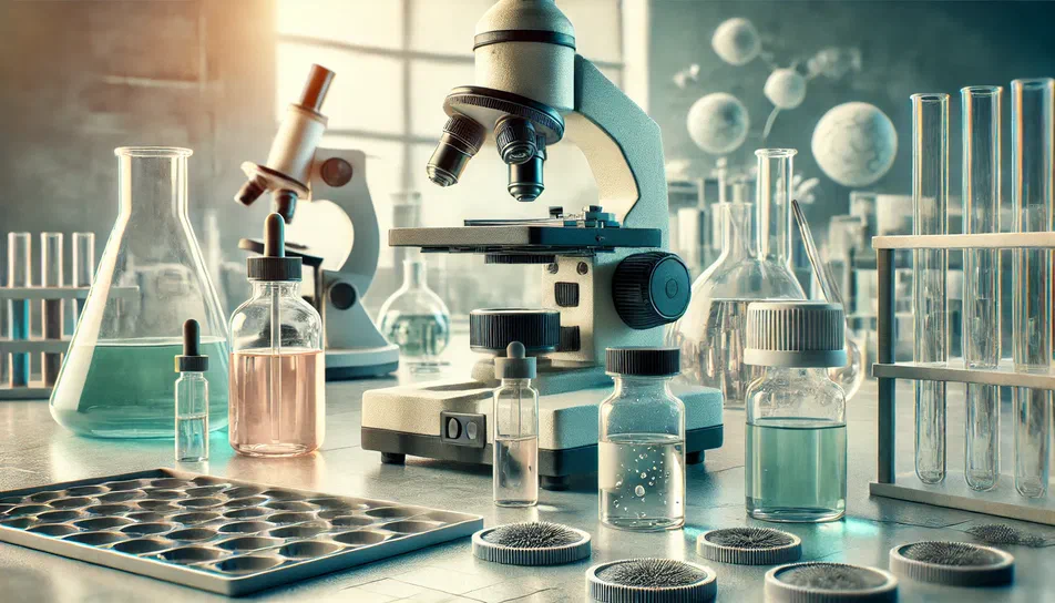 Un laboratoire de microscopie avec un microscope central entouré d'éprouvettes, fioles et lames.