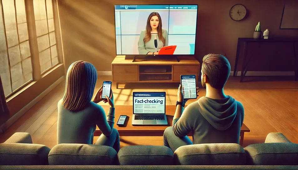 La méthode scientifique Un couple assis sur un canapé dans un salon chaleureux regarde la télévision où une présentatrice diffuse le journal télévisé. La femme consulte son smartphone et l'homme utilise un ordinateur portable affichant une page de vérification des faits.