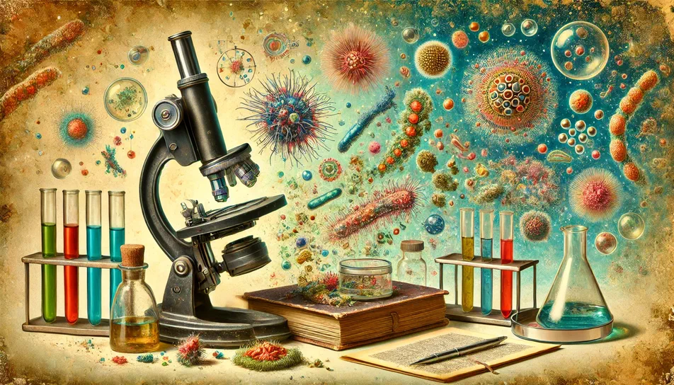 The Forgotten Art of Amateur Microscopy Image d'en-tête pour un article sur la microscopie amateur montrant un microscope vintage entouré de tubes à essai et de cultures microbiennes colorées.