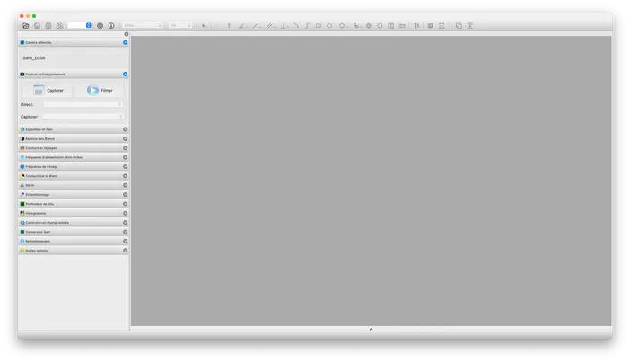 Interface du logiciel Swift Imaging pour la configuration d'une caméra de microscopie