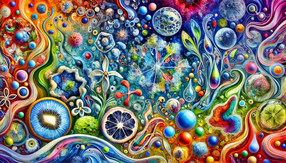 Représentation artistique d'un monde microscopique coloré avec des cellules biologiques et des formes organiques.