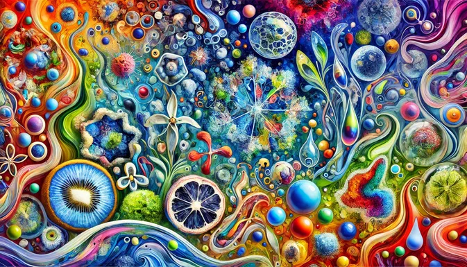 Représentation artistique d'un monde microscopique coloré avec des cellules biologiques et des formes organiques.