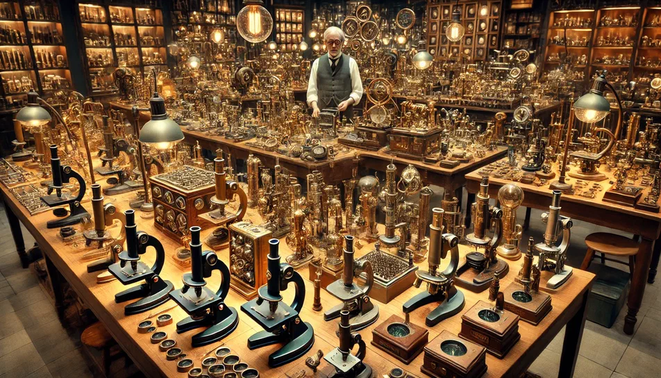 Microscopy's bazaar Un homme se tient au centre d'un bazar rempli de nombreux microscopes anciens et modernes disposés sur des tables en bois.