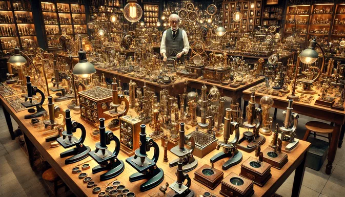 Un homme se tient au centre d'un bazar rempli de nombreux microscopes anciens et modernes disposés sur des tables en bois.